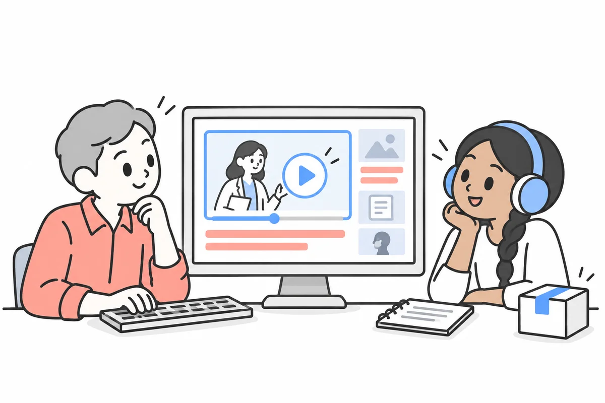 Two colleagues using keyboard navigation, captions, and audio in a healthcare education application.