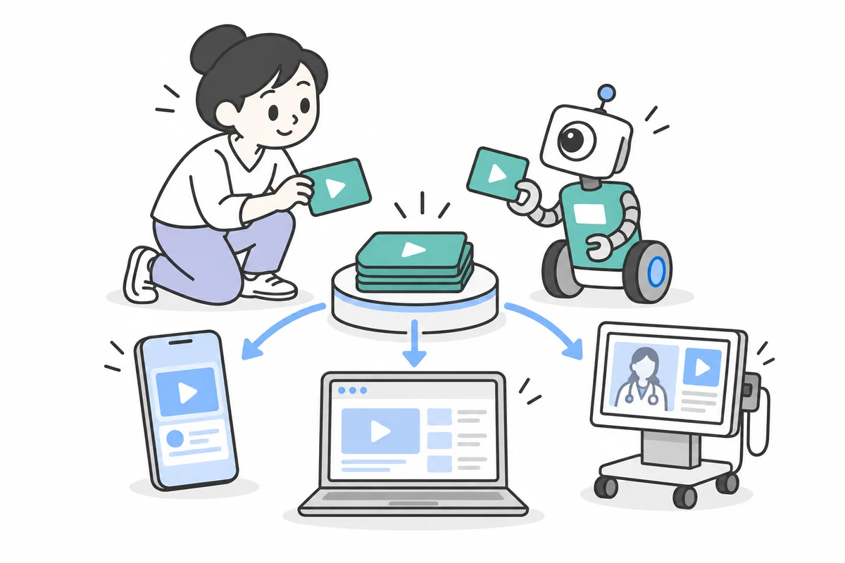 A developer and a wheeled service robot distributing shared video content to web, mobile, and hospital systems.