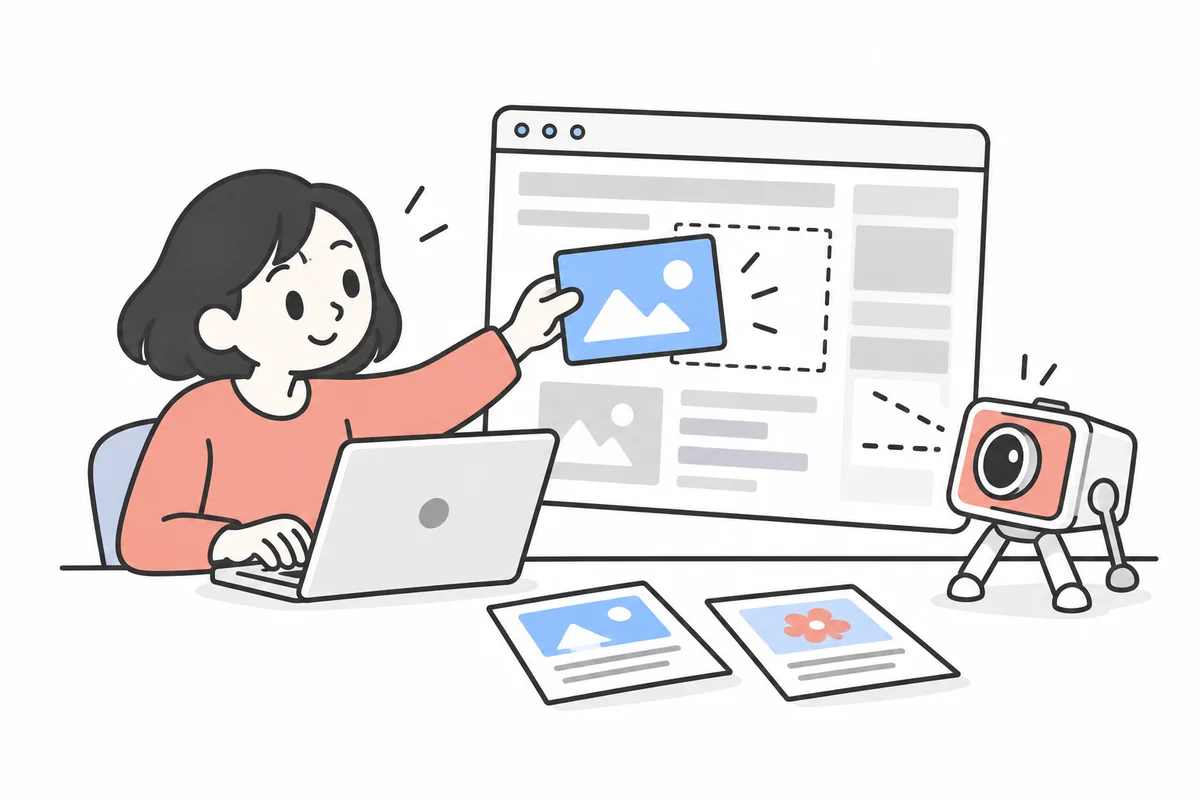 An account manager placing campaign creative in a browser page while a small camera robot captures the preview.