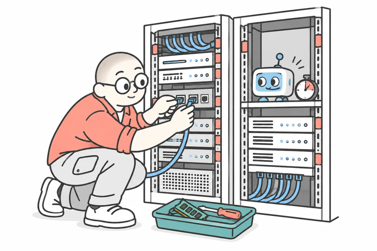 An infrastructure engineer connecting adjacent server racks with help from a small diagnostic robot.