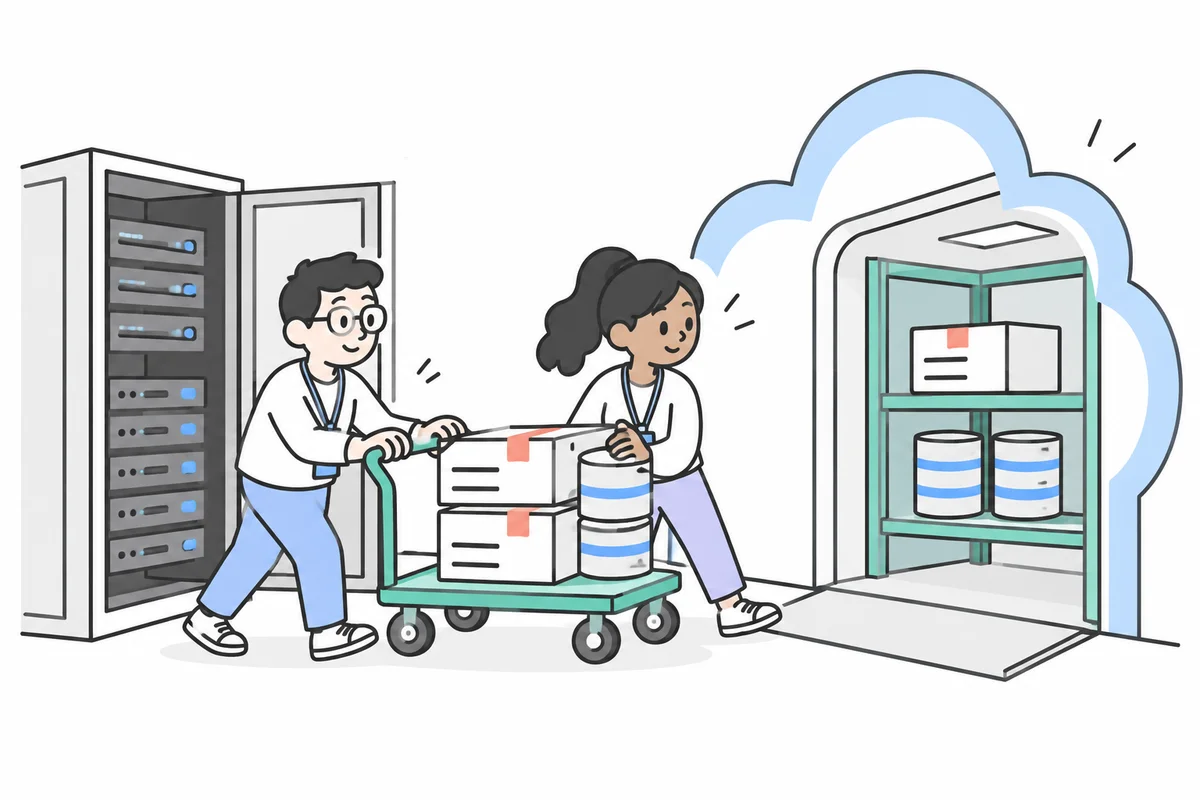 Two engineers moving applications and databases from a server cabinet into managed cloud hosting.