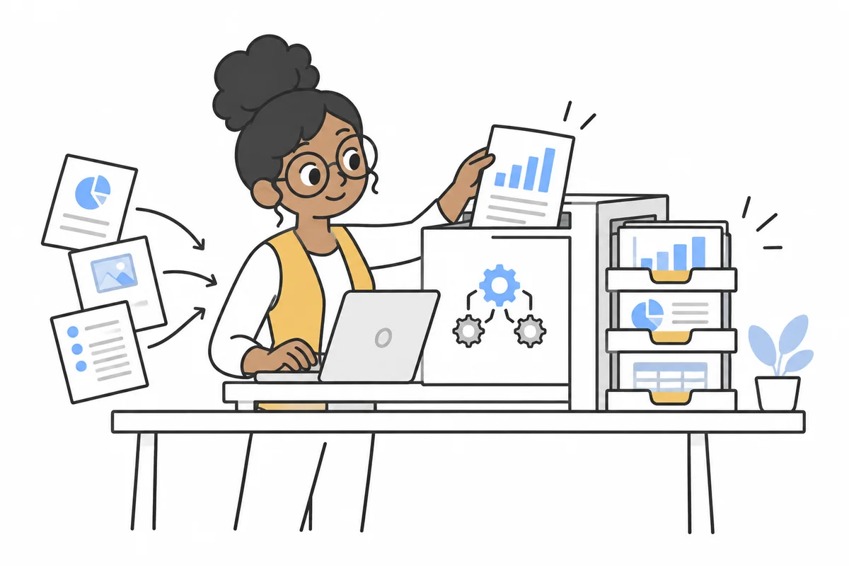 An analyst using an organized reporting warehouse to answer questions without engineering help.