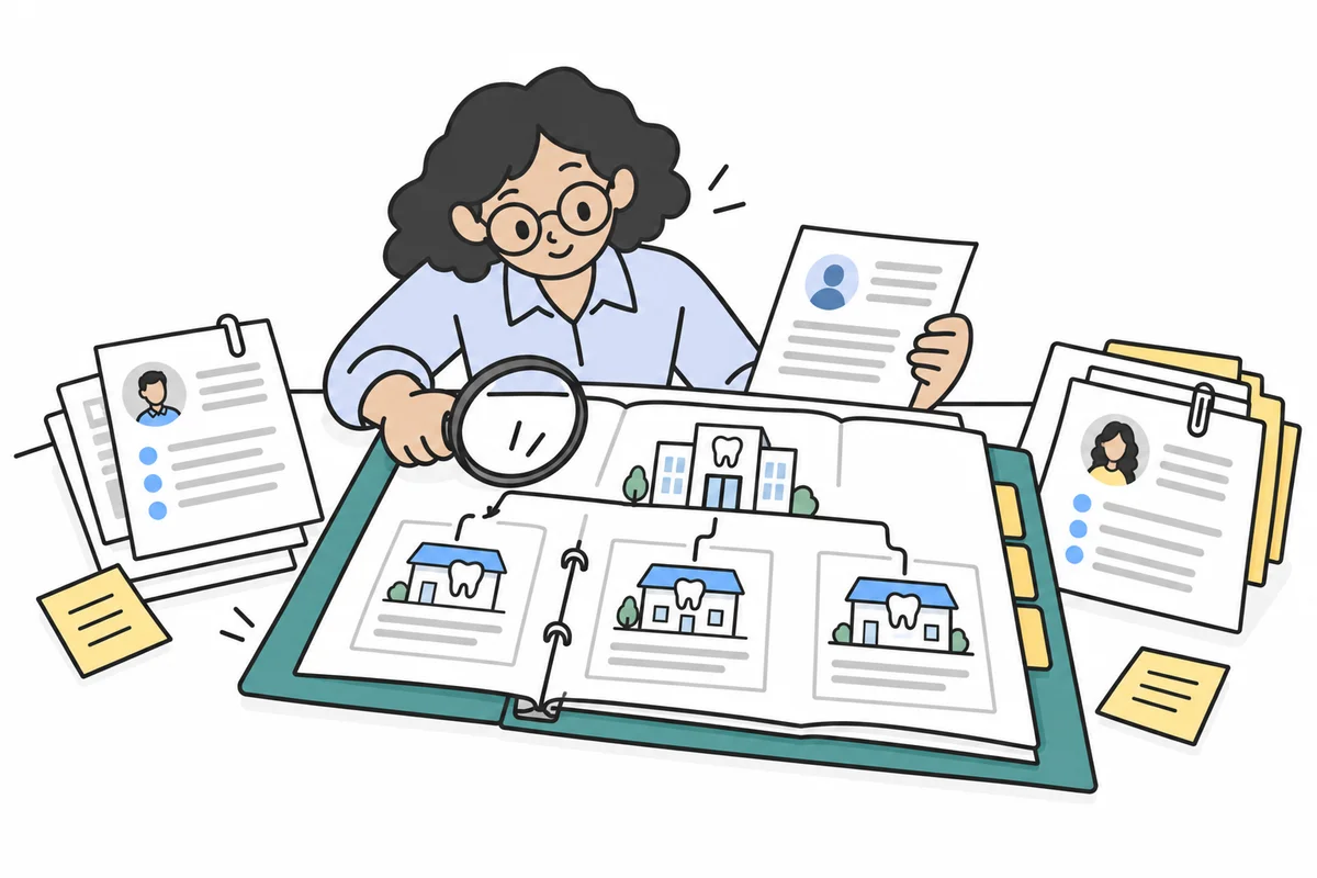 A researcher tracing connections from three dental practices to a shared parent group, with supporting records beside an open research dossier.