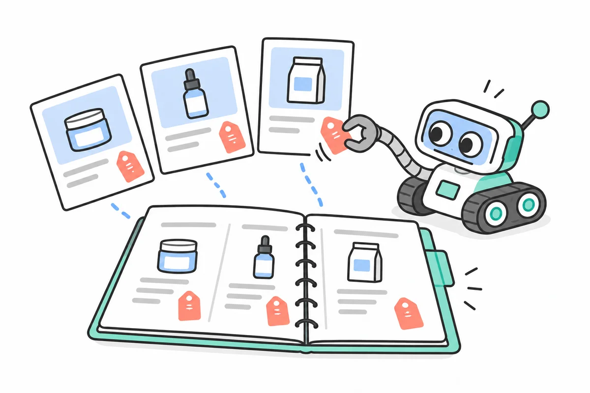 A treaded crawler robot collecting storefront price and promotion cards into a comparison notebook.