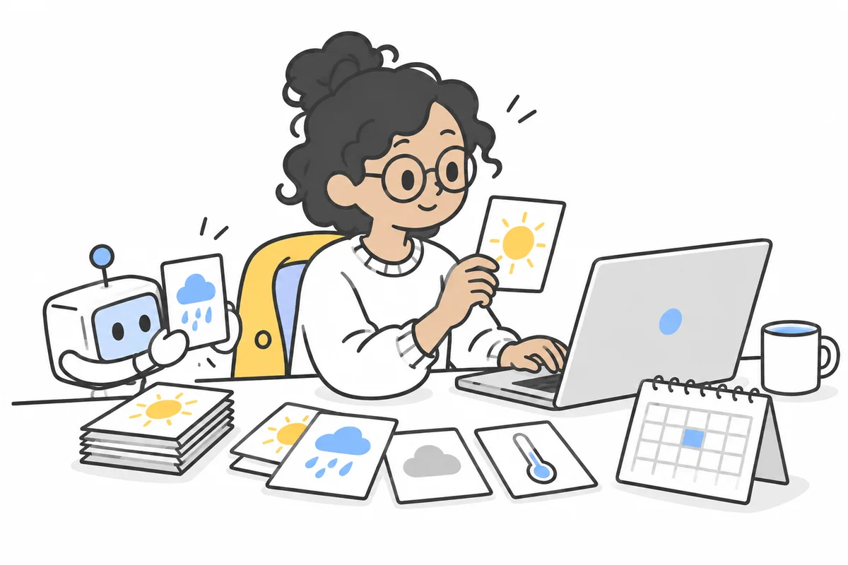A researcher and small desktop helper sorting historical weather cards into a spreadsheet.