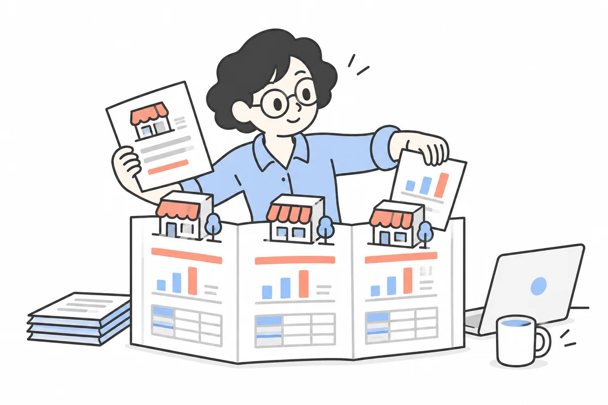 A retail manager bringing reports from three stores into one shared reporting view.
