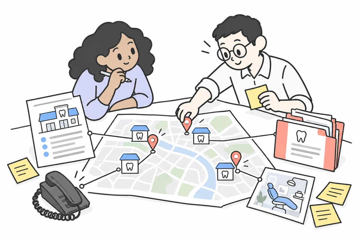 Two researchers arranging dental-practice evidence, phone research, and map pins around a market map.