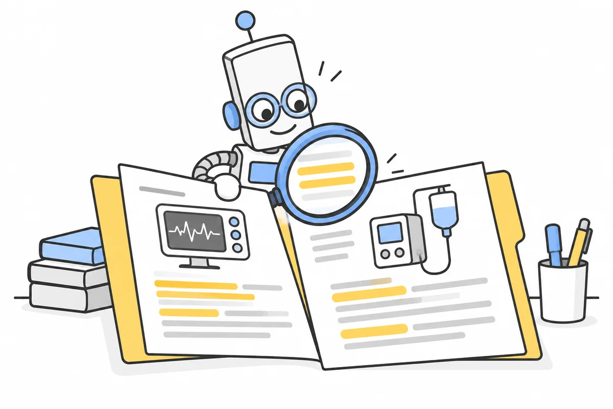 A spectacle-wearing research robot examining highlighted passages in medical-device documents.